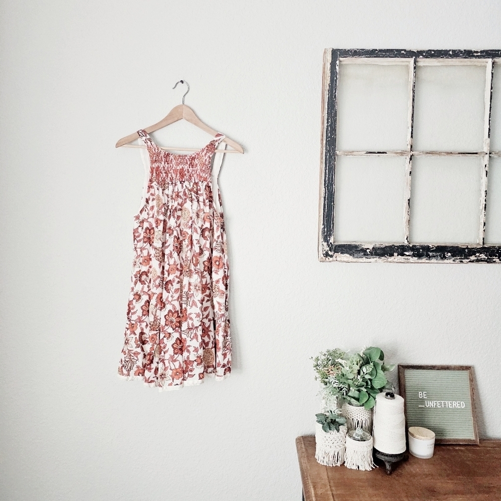 Free People Oh Baby Floral Mini Dress Swing Fully Lined White Cotton Smocked XS - Picture 2 of 16